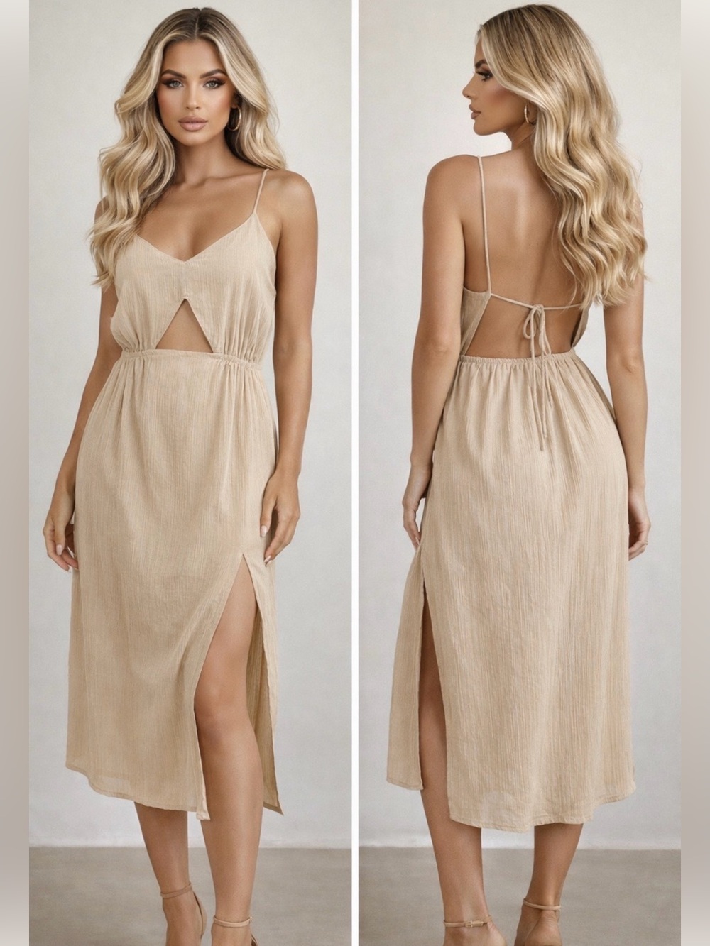 Pretty Lavish Cut Out Midaxi Dress NWT 2 Beige Cotton Gauze Backless Boho Resort